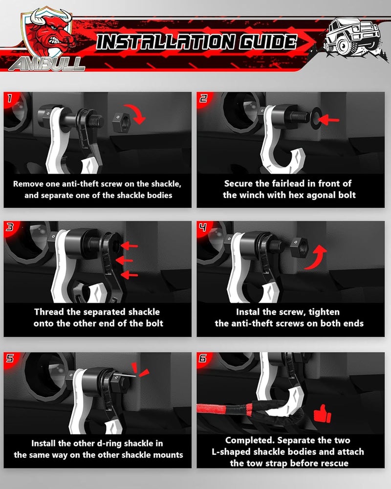 AMBULL 3/4" D Ring Separate Shackles, 52,910lbs Break Strength Easy Open Towing Winch Shackles, Heavy Duty Shackles with 7/8" Screw Pin for Tow Strap Winch Off Road Vehicle Recovery (Blackwhite) - Image 5